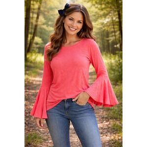 Bluheaven Womens Coral Pink Bell Sleeve Lettuce Hem Slub Top C1238 Large